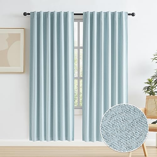 KEQIAOSUOCAI Full Shading Blackout Linen Curtains Set, Pair of Energy Smart Noise Reducing Drapes for Bedroom, Privacy Assured Panels Back Tab Rod Pocket Track 50???W x 72???L, Light Sky Blue