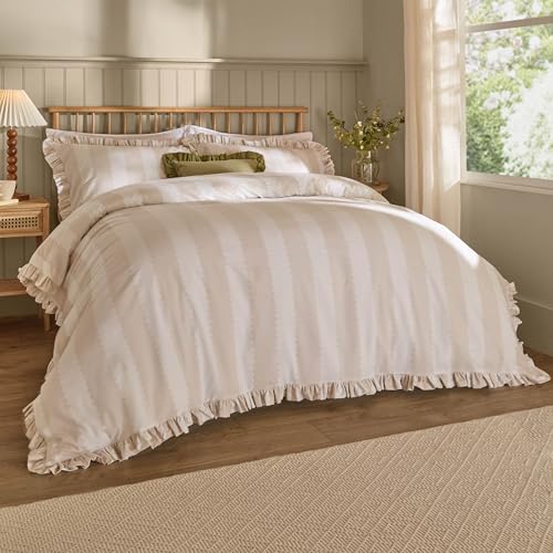 Wylder Birdie Stripe Duvet Cover Set – Reversible Ruffled Cotton Rich Striped Bedding (Oat/Milk - Single)
