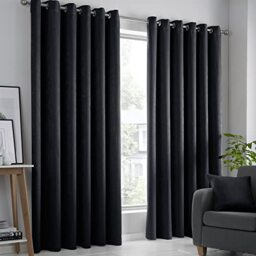 Fusion Black Thermal Eyelet Curtains – 2 Panels – W46 x L54 (117x137cm) – Insulated Drapes for Bedroom or Living Room – Strata Collection – Modern Black Door & Window Treatment