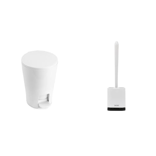 TATAY Diabolo Bathroom Bin with Pedal, 5L Capacity, White. + Silicone Toilet Brush, Flexible, with Quick Drying Ventilation, Gray Brush.