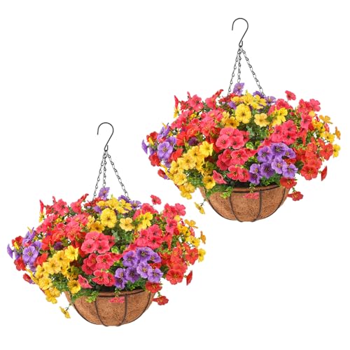 Artificial Flowers Outdoors with Hanging Baskets, Realistic UV Resistant Fake Hanging Plants, Set of 2 Hanging Planters with 24pcs Faux Silk Flower for Front Porch Garden Patio Spring Summer Decor