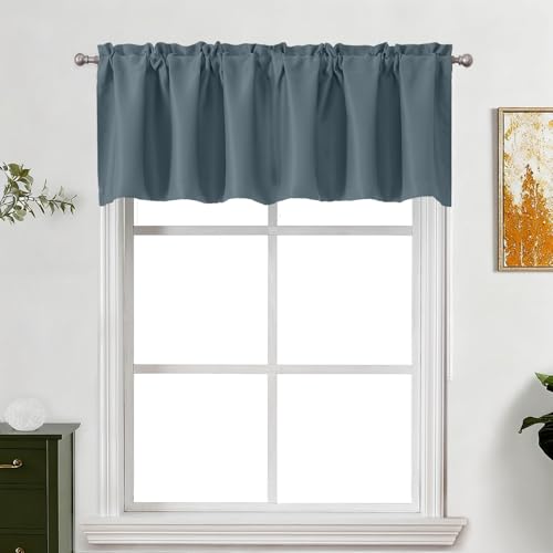 "Lecloud Stone Blue Valance for Windows 18 Inch Length, Privacy Thermal Room Darkening Curtains, Short Modern Drapes Rod Pockets for Kitchen Basement Laundry Room Bedroom, 60"" W x 18"" L 1 Panel"