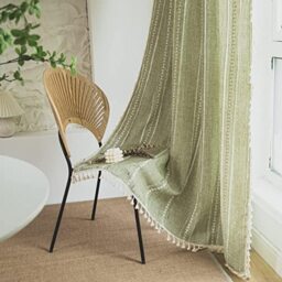 "Sutuo Home Boho Curtains for Living Room Farmhouse, Semi-Blackout French Country Striped Linen Vintage Shabby Chic Tassels Hollow Window Treatment Bohemian Drape, 1 Panel 52"" W x 90"" L Green"
