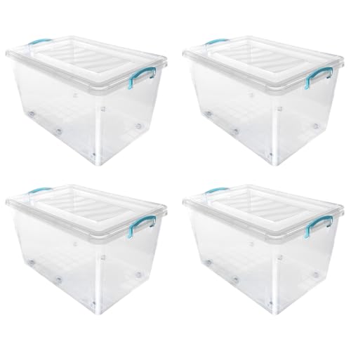 JVL Plastic Clip Lidded Storage Box with Wheels, Stackable and Nestable, Clear, Set of 4, 50L