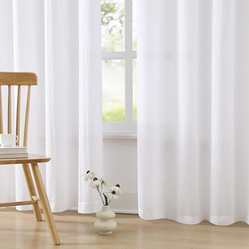 "Purainbow Chiffon Sheer White Curtains for Living Room, Grommet Special Crinkle Semi Sheer Solid White Window Treatments Privacy with Light for Bedroom Kids Room Decor, All Season, 52""x63""x2"