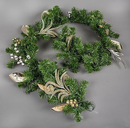 200cm Christmas Garland Decorated with Silver and Champagne Gold Berries, Eucalyptus Leaves, Pine Needles, Grapevine - Fireplace Door Room Wall Home Hanging Xmas Decorations