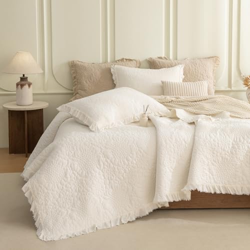 "Sanracie Cotton Queen Quilt Bedding Set(90""x98""), Ultra Soft Stonewashed White Ruffled Bedspread Coverlet Flower Petal Pattern Printed Crinkle Farmhouse Quilted Bedspread Set 3Pcs for All Season"