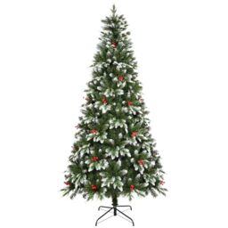Uten Artificial 7.5ft Christmas Tree, PE Deluxe Snowy Artificial Indoor Home Xmas Tree Decoration, 1150 Natural Looking PVC and PE Tips, 37 Groups Red Berries, Hinged Branches, Metal Stand, Reusable