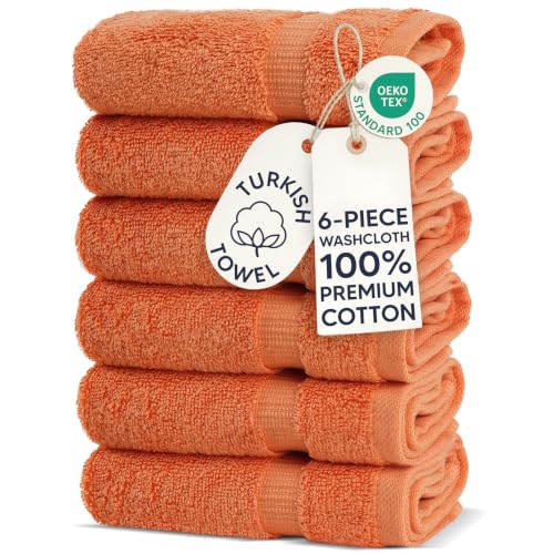 Chakir Turkish Linens 6 Piece Washcloth Set, 100% Cotton Turkish Washcloths for Bathroom, Luxury Soft Absorbent Face Towels, 13 x 13 Inches, Coral