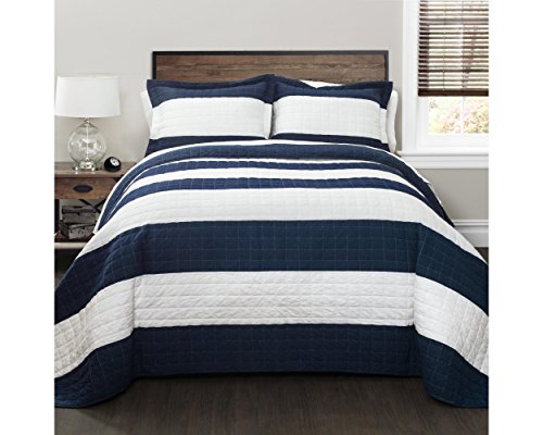 Lush Decor Quilt Striped Pattern 2 Piece Bedding Set, Polyester Cotton Blend, Navy & White, Twin