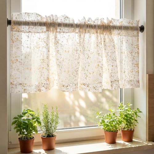 "Horaldaily White Sheer Valance Curtains for Living Room and Bedroom, Gold Sequin Glitter Metallic Foil, Scenery Light Filtering Window Curtains, 52"" W x 14"" L, Set of 2 Curtain Panels"
