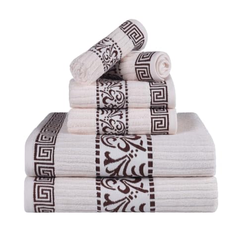 Superior Greek Pattern Decorative 6-Piece Towel Set, Absorbent Premium Cotton, Decor for Bathroom, Spa, Includes 2 Hand, 2 Face, and 2 Bath Towels, Home Essentials, Athens Collection, Ivory-Chocolate