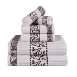 Superior Greek Pattern Decorative 6-Piece Towel Set, Absorbent Premium Cotton, Decor for Bathroom, Spa, Includes 2 Hand, 2 Face, and 2 Bath Towels, Home Essentials, Athens Collection, Ivory-Chocolate