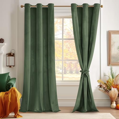JIUZHEN Oliver Green Velvet Curtains 90 inches for Living Room -Thermal Insualted Room Darkening Grommet Thick Velvet Window Drapes for Dining Room, Set of 2 with Tiebacks, 42W x 90L