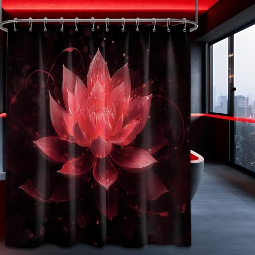 QGHOT Black and Red Shower Curtain Lotus Flower Shower Curtains for Bathroom Decor Decorative Floral Bath Curtain Set, Waterproof Cloth Fabric, 84x72in