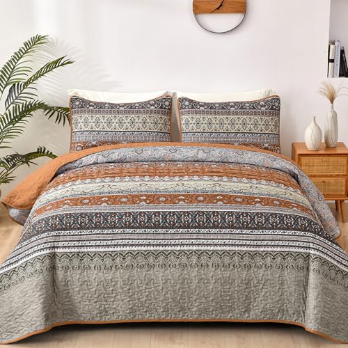 "WONGS BEDDING Boho Quilt Set Twin, Brown Grey Bohemian Quilt Bedding Set, Ultra Soft Lightweight Bedspread for All Season Reversible Microfiber Coverlet Bedding Set 68""x86""(2 Pieces)"