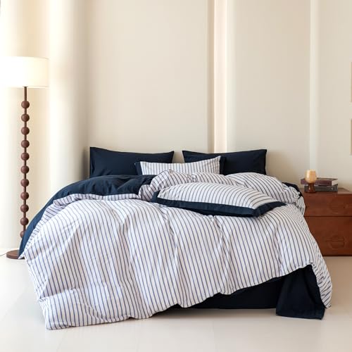SUSYBAO Blue Pinstripe Duvet Cover Queen 100% Washed Cotton 3 Pieces Set 1 Neutral Navy Blue Striped Duvet Cover with Zipper Ties 2 Pillow Shams Dual Color Ticking Stripe Bedding Set Soft