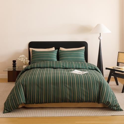 karever Green Stripes Comforter Twin Vertical Ticking Striped Dark Green Bedding Set Durable Chic and Stylish Bedroom Set