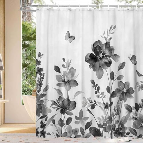 YDIDIAN Black Floral Shower Curtain, Black Lavender Floral Butterfly Boho Shower Curtains for Bathroom, Farmhous Flower Cute Fabric Shower Curtain Set with 12PCS Hooks, 70X70IN