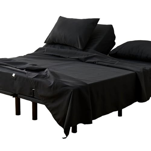 Kingnex Split Top King Sheets Sets for Adjustable Bed Soft Brushed Microfiber 4 Pieces Include 1 32-34 Split from Top Flex Head King Fitted Sheet 1 Flat Sheet 2 King Size Pillowcase Black