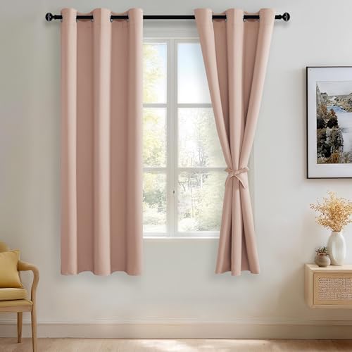 JIUZHEN Blackout Curtains with Tiebacks - Thermal Insulated, Light Blocking and Noise Reducing Grommet Curtain Drapes for Bedroom and Living Room, Set of 2 Panels, 42 x 63 Inch Length, Blush Pink