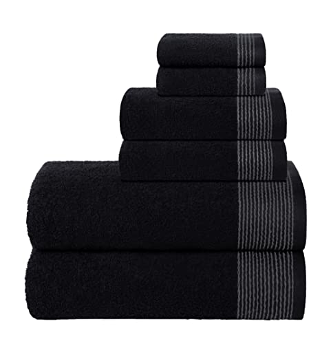 BELIZZI HOME 100% Cotton Ultra Soft 6 Pack Towel Set, Contains 2 Bath Towels 28x55 inchs, 2 Hand Towels 16x24 inchs & 2 Washcloths 12x12 inchs, Compact Lightweight & Highly Absorbant - Black