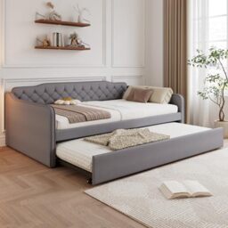 Ball & Cast 4FT6 Double Bed with Pull-Out Trundle, Upholstered Velvet Sofa Bed Frame for Adults & Teenagers, Modern Design Day Bed, Easy Assembly, Grey, 135 x 190 cm (No Mattress)