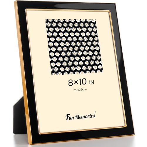 Fun Memories 8x10 Picture Frame - 1pcs Black Enamel Glass Photo Frame with Gold Metal Edge & Easel for Display Picture Frame on Countertops, Tabletops, Bookshelves, Desks, Walls (Black/Gold)