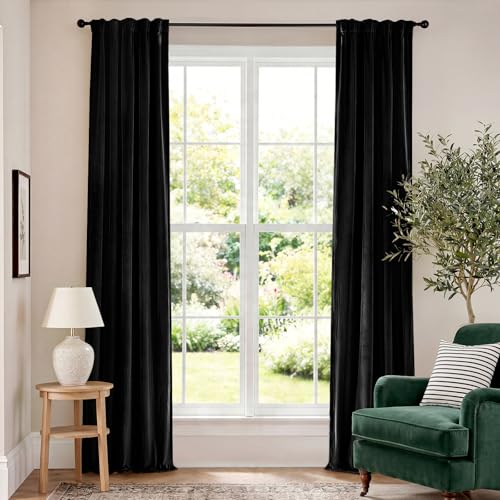 Lazzzy Velvet Black Blackout Curtains 90 Inches Long Thermal Insulated Drapes for Bedroom Living Room Darkening Window Treatments Rod Pocket 2 Panels, W42 x L90