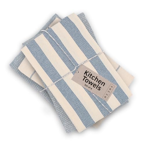 MEEMA Kitchen Towels and Dishcloths Sets of 4 - Large 18 x 28 Inch - Upcycled Cotton Tea Towel - Super Absorbent Cotton Dish Towels for Kitchen - Blue Stripes - Hand Towels