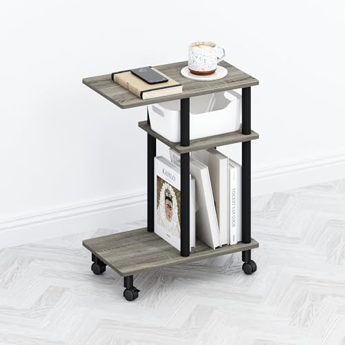 Furinno TOMI Side Table, 3-Tier C-Shape Open Shelf End Table with Wheels, Night Stand, Bedside Table, Toolless Assembly, for Living Room, Bedroom, French Oak/Black