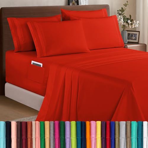 Elegant Comfort 1500 Premium Quality 6-Piece Bed Sheet Set - 18-24 Inch Extra Deep Pocket, Smart Storage Pockets, Wrinkle Free Ultra Soft 6PC Extra Deep Pocket Sheets, California King, Red
