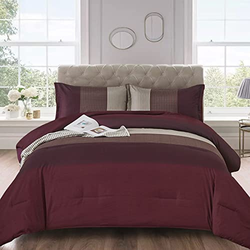 Burgundy Comforter Set Queen, Reversible Burgundy Brown Stripe Down Alternative Comforter for All Season,3 Pieces(1 Patchwork Comforter+2 Pillowcases), Soft Microfiber Bedding Duvet Set 90?????90???