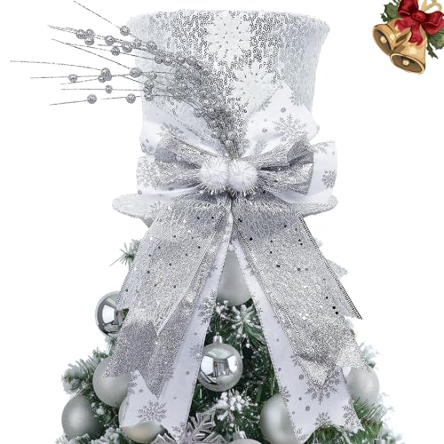 Christmas Tree Topper Hat with Bow, Glitter Top Hat Ornament with Pre-Tied Wired Bows, Winter Holidays Xmas Decor for Home Decoration (Silver)