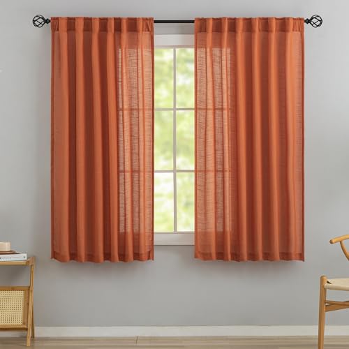 DONREN Burnt Orange Linen Back Tab Curtains 72 Inches Long 2 Panels Set for Guest Room - Modern Country Rod Pocket Semi Sheer Privacy Drapes Hooks Belt Pleated Light Filtering Playroom Curtains