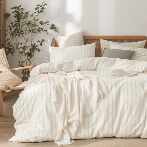 BESTOUCH Duvet Cover Set 100% Washed Cotton Linen Feel Super Soft Comfortable Chic Lightweight 3 PCs Home Bedding Set White & Almond Grey Stripes King