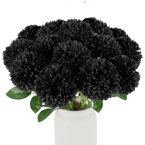 Hananona 12 Pcs Artificial Chrysanthemums Flowers Ball, Fake Mums Flowers Black Silk Plants for Gothic Home Decor Indoor Floral Arrangement Halloween Table Centerpiece