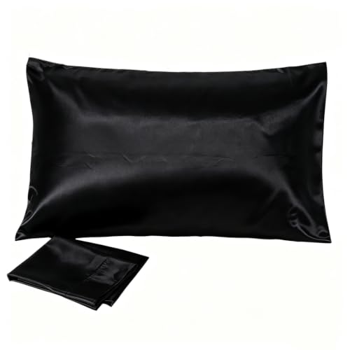 Juwenin Bedding,Luxury Satin Pillowcase with Zipper (Silky Satin Pillow Case for Hair) Set of 2 (Black, King(20''x36'))