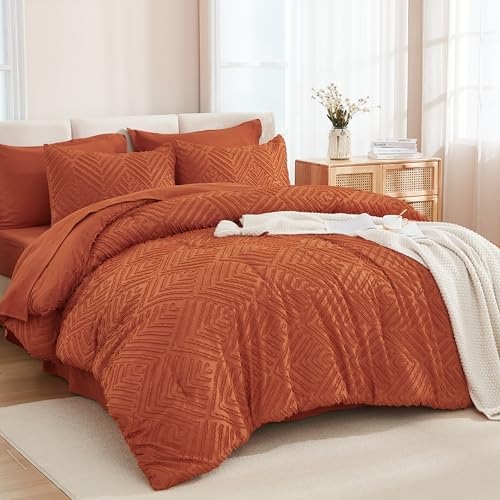 Andency Full Size Comforter Set 7 Pieces, Burnt Orange - 7 Pieces, Bed in a Bag Full, Soft Lightweight Fluffy Polyester, Elegant Boho Tufted Reversible Bedding Set, All Season