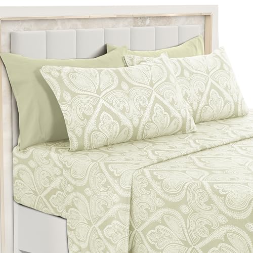"Ultra Soft Wrinkle-Free Microfiber Paisley Full Sheet Set, Cute Floral Pattern Boho Print ??? 16"" Deep Pocket Fitted Sheet, Flat Sheet & 4 Pillowcases, Breathable, OEKO-TEX - Ivory"