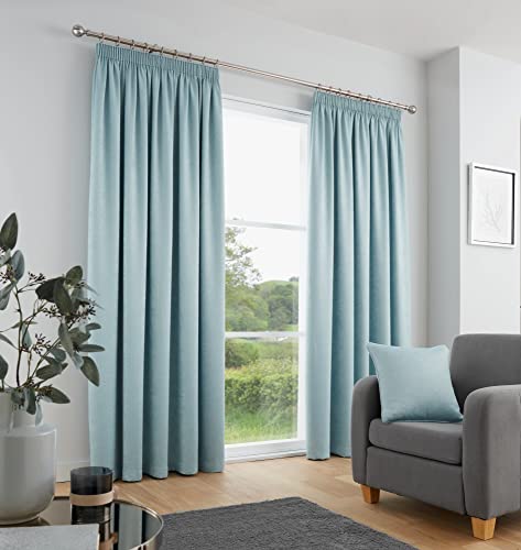 "Fusion Duck Egg Blue Pencil Pleat Curtains W66 x L54"" (168x137cm) – 2 Panels – 100% Cotton Thermal & Soundproof Drapes – Bedroom & Living Room Window Treatment – Soft Pleated Curtain Pair"