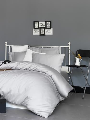 Luxurious Satin Single Fitted Sheet (90 x 200 + 30 cm), Light Grey, 100% Cotton, 210 Thread Count, 125 g/m², Machine Washable at 30°C, Soft & Durable