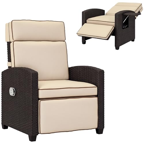 Outsunny Rattan Garden Recliner Chair, Adjustable Backrest Reclining Rattan Chair with Flip Table, Cushion and Footrest, Indoor Outdoor Lounge Reclining Sun Lounger for Patio, Dark Brown/Khaki