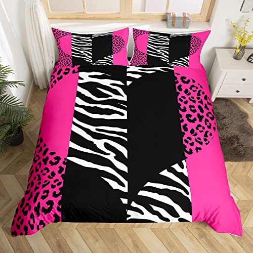 Leopard Zebra Girls Duvet Cover Full Size Pink Leopard Heart Bedding Sets Women Teens Bedroom Decor Wild Animals Fur Abstract Comforter Cover Modern Patchwork Quilt Cover 3Pcs with 2 Pillowcases