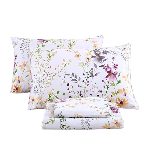 RYNGHIPY Cotton Floral Bed Sheet Set King Size Botanical Flowers Print Bedding Shabby Garden Floral Bed Sheets