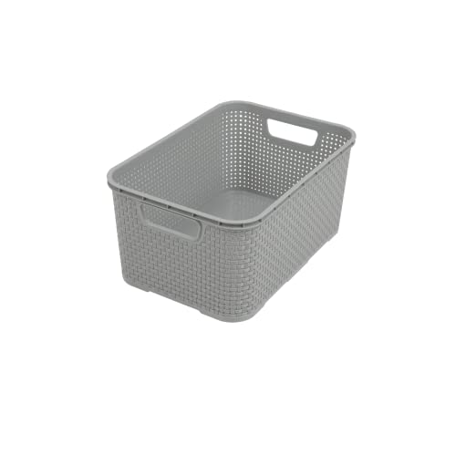 BranQ Home Essential Universal Multifunctional Basket in Rattan Design, Size M 10 L, BPA-Free Plastic PP, Light Grey, 28.8 x 19.7 x 16.2 cm