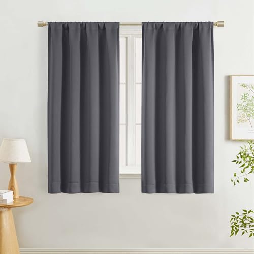 "Lecloud Grey Room Darkening Curtains 54 Inch Length 2 Panels, Solid Soft Window Curtains for Bedroom, Energy Thermal Insulating Rod Pocket Curtain Drapes for Small Window, 40"" W x 54"" L"