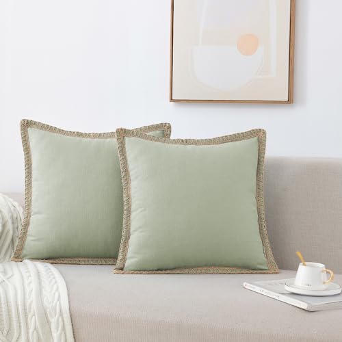 "NordECO HOME Set of 2 Throw Pillow Covers - Burlap Linen Trimmed Tailored Edges Decorative Cushion Covers for Bed Home Decoration (2 Pieces, 26"""" x26"""", Pea Green/Linen Band), BL0119"