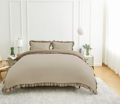 GC GAVENO CAVAILIA Frill Bedding Sets Ruffles Duvet Cover King Size - 3-Piece Kingsize Duvet Cover Sets With Pillowcases - Breathable & Washable Comforter Bed Cover 220x230 Cm, Natural/Dark Natural