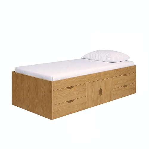 Kidsaw Single Cabin Bed Frame, Engineered Wood, Oak, 196x96x51cm, Contemporary, Storage Drawer, 4 Drawers